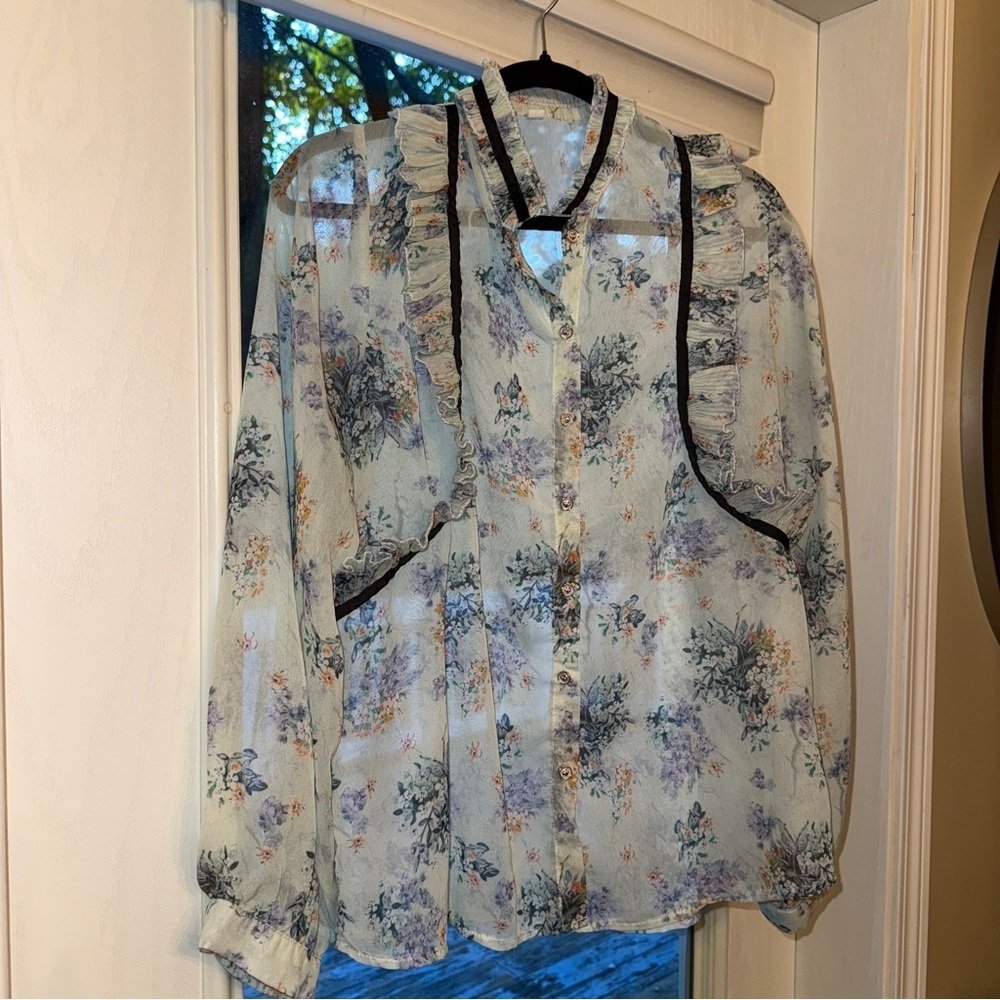 Mint floral Puff Sleeve Ruffled Blouse with Black accents pastel goth mock neck - Picture 11 of 11